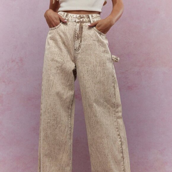 Khaki Casual Women's Washed Folded Hem Straight Leg Jeans - Picture 2 of 4